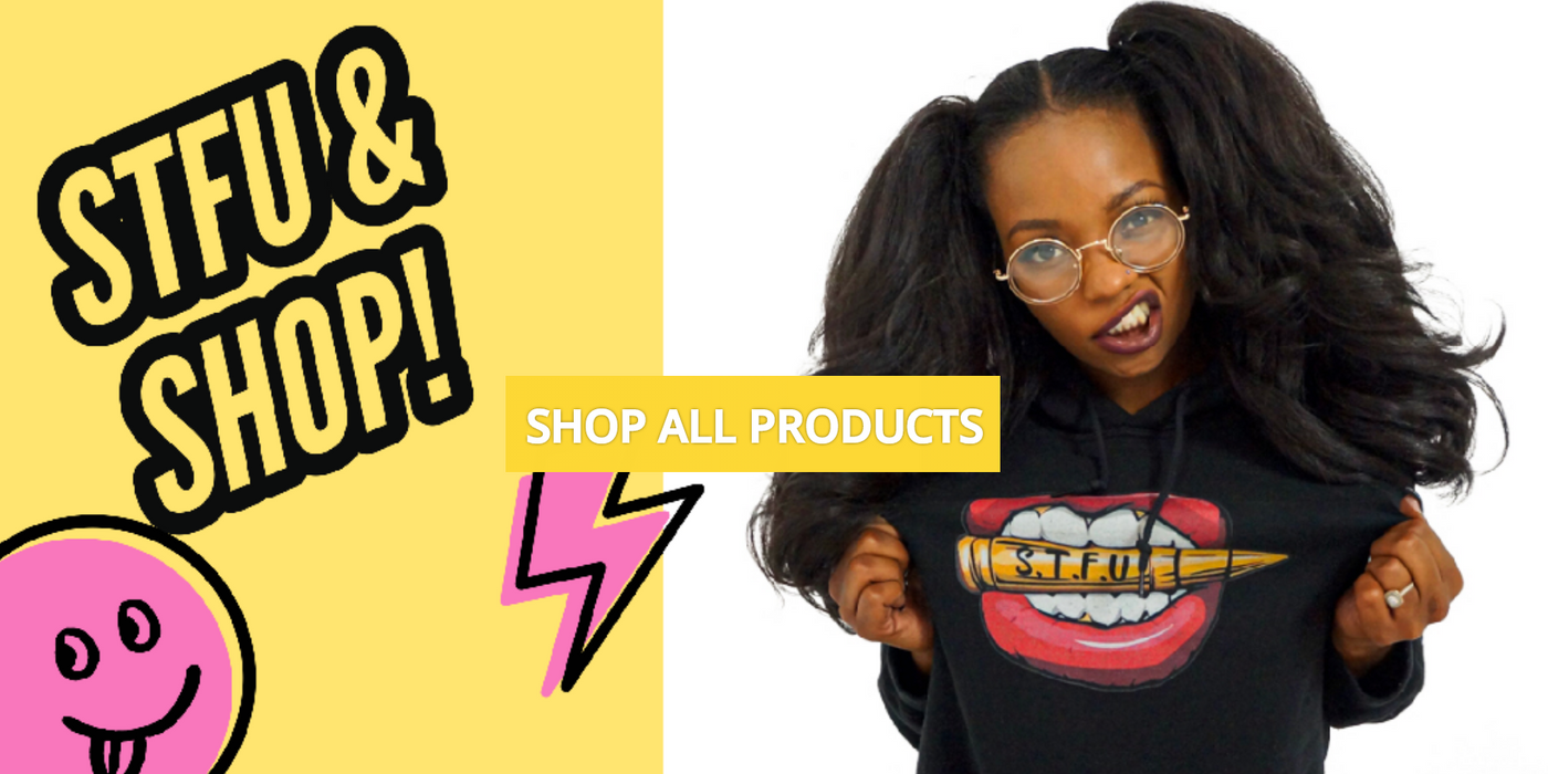 STFU & shop! Black girl with two ponytails wearing a classic logo hoodie in black